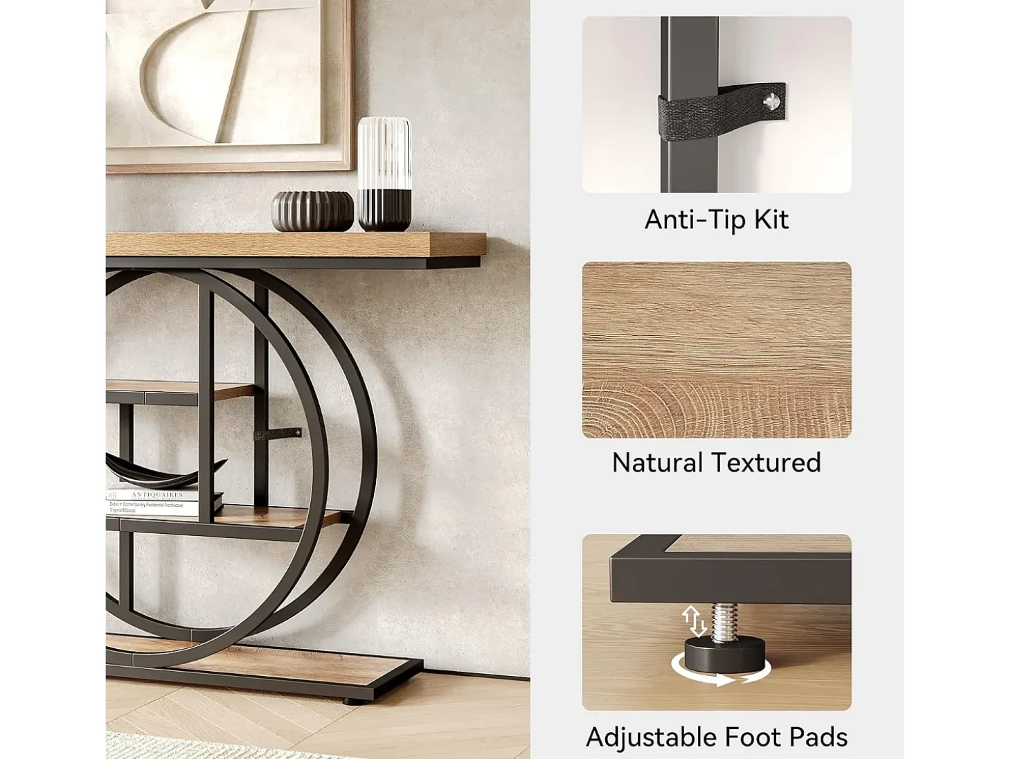 Mesa de entrada de 4 andares atrás do sofá, mesa de sofá em estilo farmhouse de 105 cm para o sala de estar, mesa de entrada para a entrada da casa