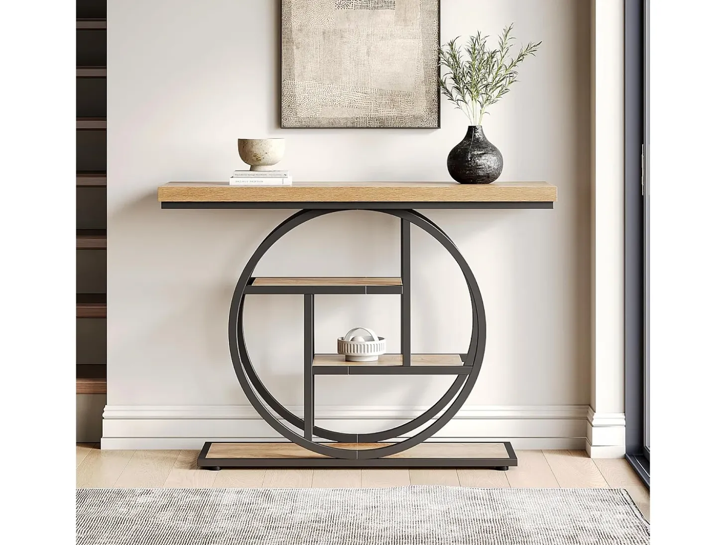 Mesa de entrada de 4 andares atrás do sofá, mesa de sofá em estilo farmhouse de 105 cm para o sala de estar, mesa de entrada para a entrada da casa
