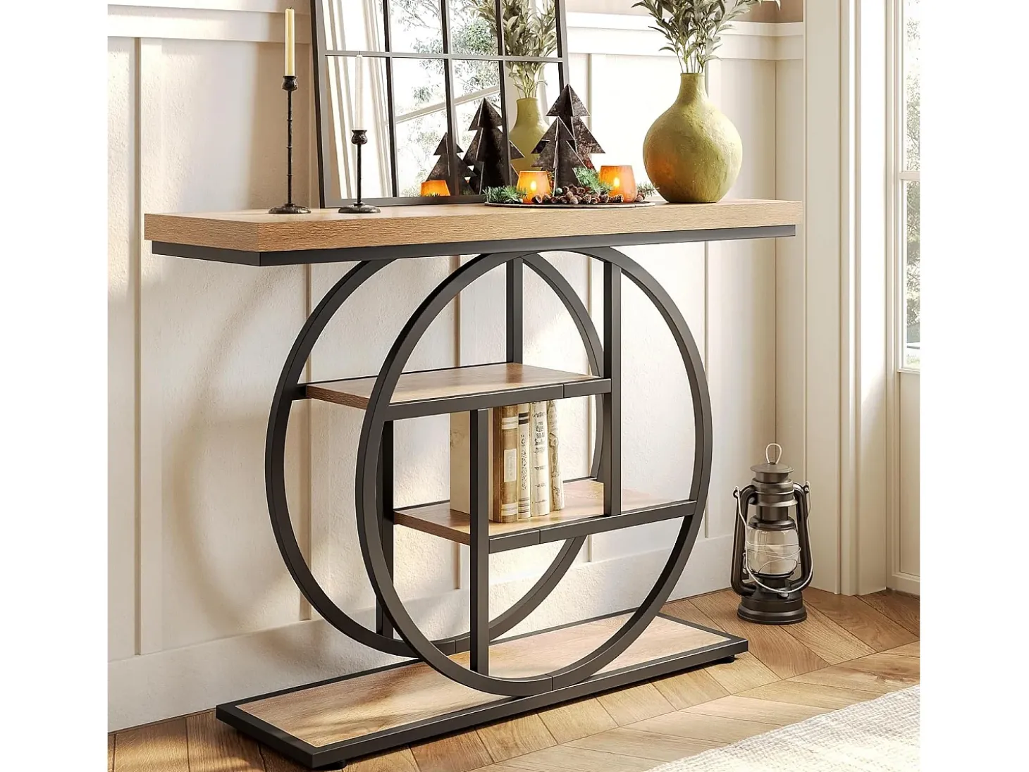 Mesa de entrada de 4 andares atrás do sofá, mesa de sofá em estilo farmhouse de 105 cm para o sala de estar, mesa de entrada para a entrada da casa