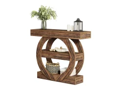 Mesa de entrada estreita de três andares rústica com prateleiras de armazenamento, mesa para sofá de 105 cm para atrás do sofá