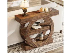 Mesa de entrada estreita de três andares rústica com prateleiras de armazenamento, mesa para sofá de 105 cm para atrás do sofá