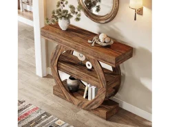 Mesa de entrada estreita de três andares rústica com prateleiras de armazenamento, mesa para sofá de 105 cm para atrás do sofá