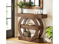 Mesa de entrada estreita de três andares rústica com prateleiras de armazenamento, mesa para sofá de 105 cm para atrás do sofá
