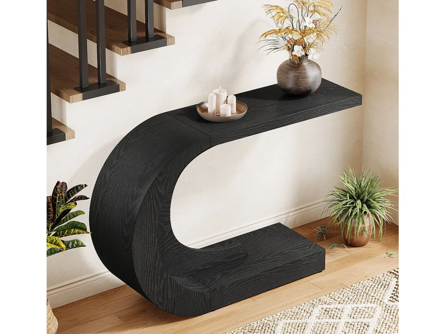 Mesa de entrada para console de 110 cm com armazenamento, mesa para trás do sofá em formato de C único em preto