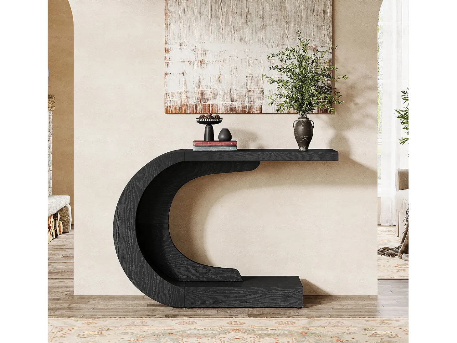 Mesa de entrada para console de 110 cm com armazenamento, mesa para trás do sofá em formato de C único em preto
