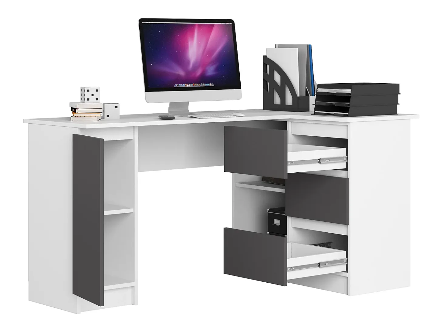 Mesa de Escritório de Canto B20 Direita Branco/ Cinza com Gavetas e Prateleiras