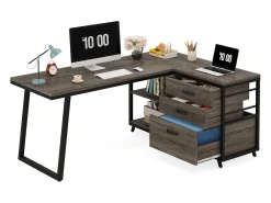 Mesa de escritório em forma de L, mesa de computador para canto reversível com 3 gavetas para arquivos