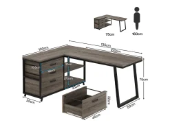 Mesa de escritório em forma de L, mesa de computador para canto reversível com 3 gavetas para arquivos