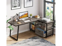 Mesa de escritório em forma de L, mesa de computador para canto reversível com 3 gavetas para arquivos