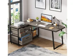 Mesa de escritório em forma de L, mesa de computador para canto reversível com 3 gavetas para arquivos