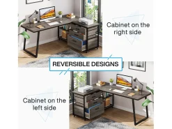 Mesa de escritório em forma de L, mesa de computador para canto reversível com 3 gavetas para arquivos