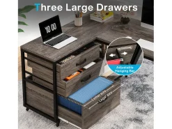 Mesa de escritório em forma de L, mesa de computador para canto reversível com 3 gavetas para arquivos