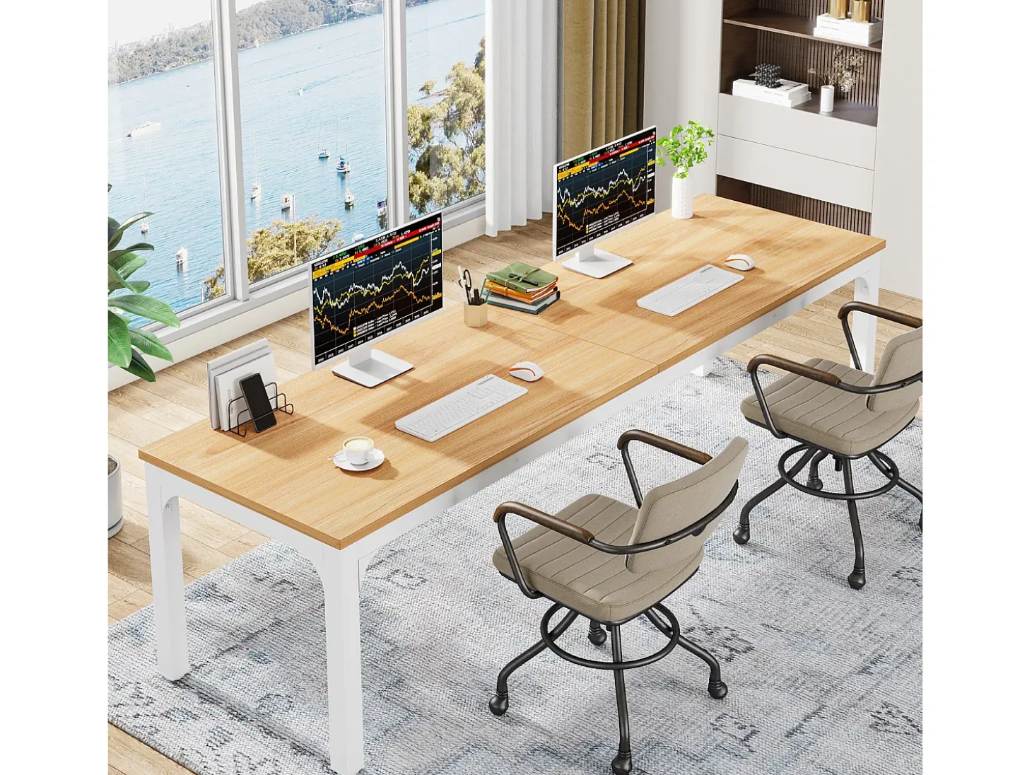 Mesa de Escritório para Home Office para 2 Pessoas, Mesa de Computador Extra Longa de 200cm, Workstation Dupla para Home Office