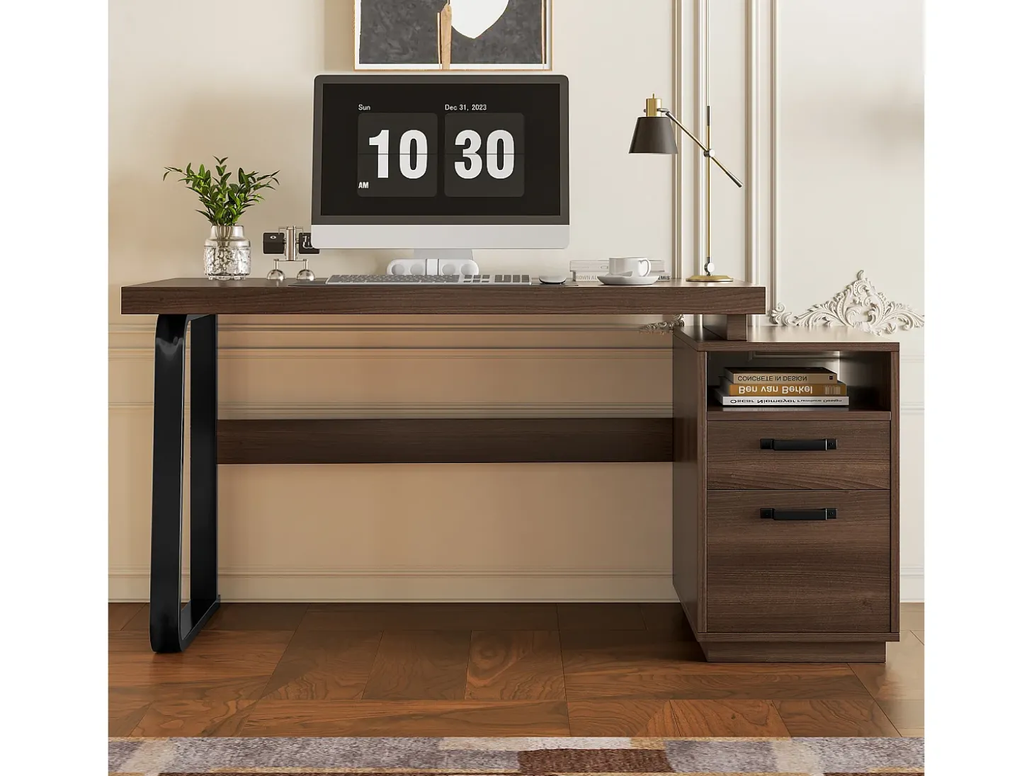 Mesa de estudo simples 135×54 cm - 2 gavetas silenciosas - tampo espaçoso - marrom + preto