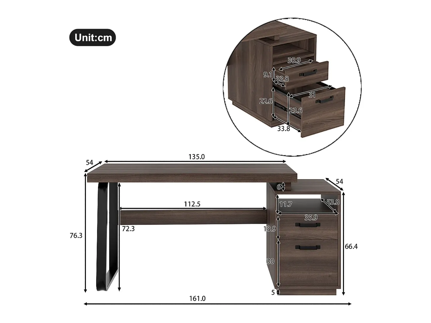 Mesa de estudo simples 135×54 cm - 2 gavetas silenciosas - tampo espaçoso - marrom + preto