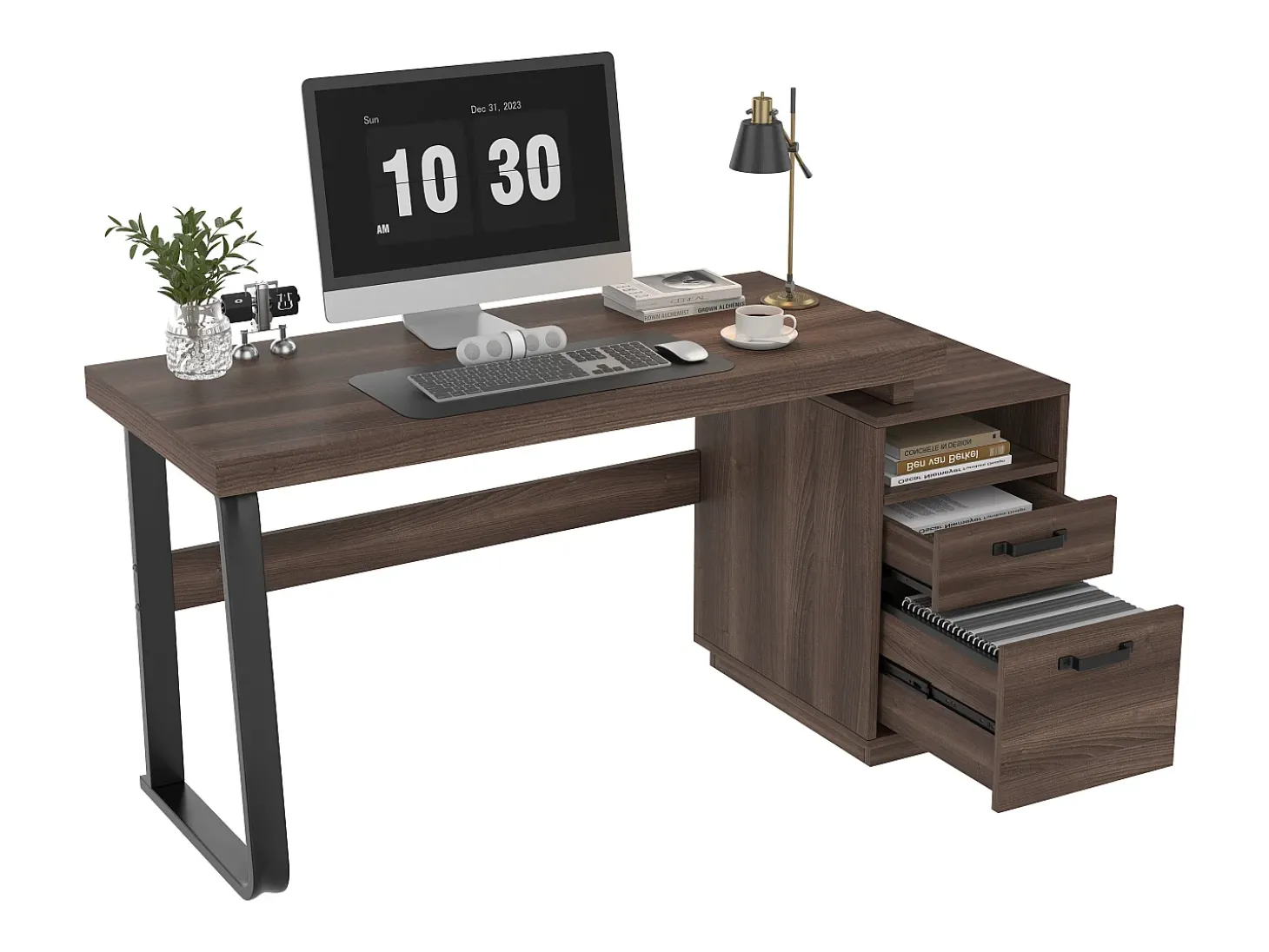 Mesa de estudo simples 135×54 cm - 2 gavetas silenciosas - tampo espaçoso - marrom + preto