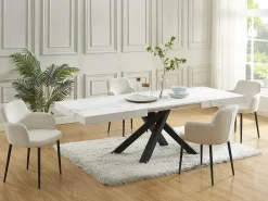 Mesa de jantar 6 a 10 lugares MDF e metal - Efeito mármore branco e preto - CATONAV