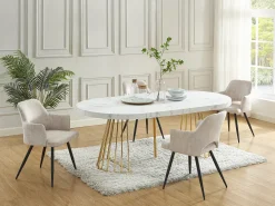 Mesa de jantar de 2 a 12 lugares em MDF e aço efeito mármore branco e dourado - FIRELA