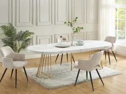 Mesa de jantar de 2 a 12 lugares em MDF e aço efeito mármore branco e dourado - FIRELA