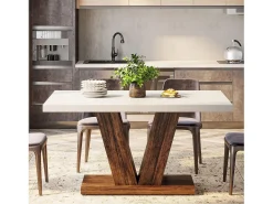 Mesa de jantar de 120 cm para 4 pessoas, mesa de cozinha branca com um pedestal robusto