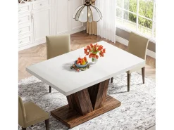 Mesa de jantar de 120 cm para 4 pessoas, mesa de cozinha branca com um pedestal robusto