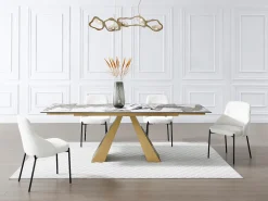 Mesa de jantar em vidro temperado, cerâmica e metal efeito mármore branco e taupe LOZIPA