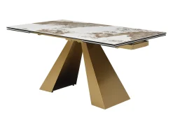 Mesa de jantar em vidro temperado, cerâmica e metal efeito mármore branco e taupe LOZIPA