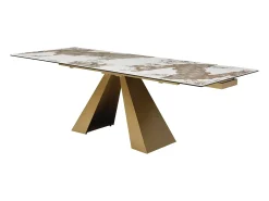 Mesa de jantar em vidro temperado, cerâmica e metal efeito mármore branco e taupe LOZIPA