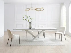 Mesa de jantar em vidro temperado, cerâmica e metal efeito mármore branco - MALATA