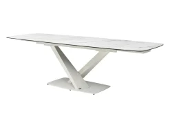 Mesa de jantar em vidro temperado, cerâmica e metal efeito mármore branco - MALATA