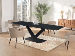 Mesa de jantar em vidro temperado, cerâmica e metal efeito mármore preto MALATA
