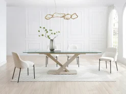 Mesa de jantar em vidro temperado e metal transparente e bege - MALATA