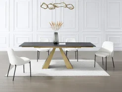Mesa de jantar em vidro temperado, cerâmica e metal efeito mármore preto e dourado LOZIPA