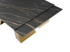 Mesa de jantar em vidro temperado, cerâmica e metal efeito mármore preto e dourado LOZIPA
