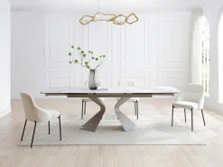Mesa de jantar em vidro temperado, cerâmica e metal efeito mármore branco - KAJARI