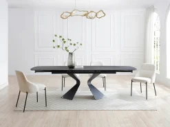 Mesa de jantar em vidro temperado, cerâmica e metal efeito mármore preto - KAJARI