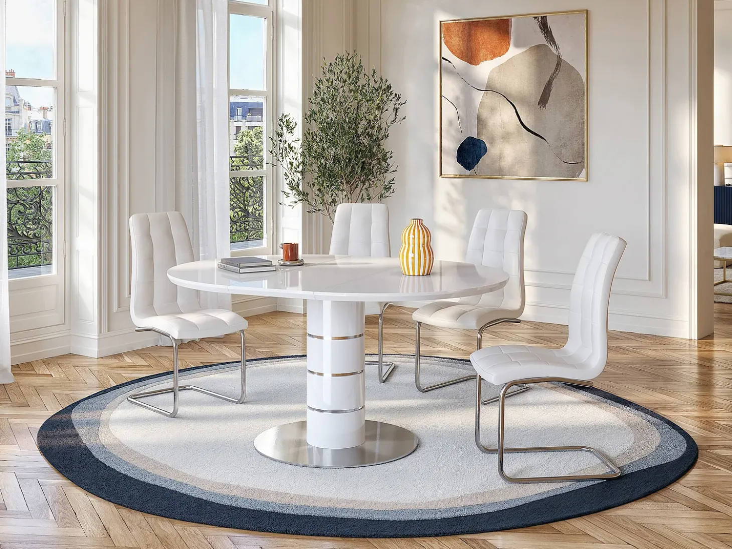 Mesa de jantar extensível - acomoda de 4 a 6 pessoas - MDF e metal - Laqueada branca - CUSCO