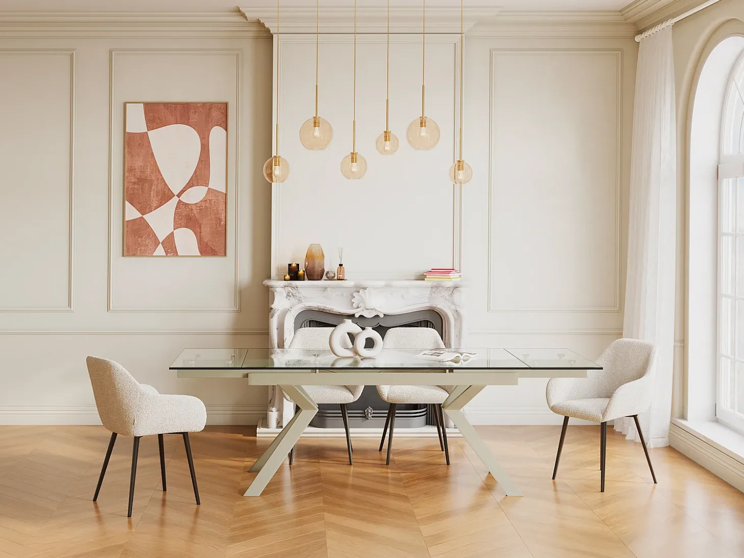 Mesa de jantar extensível em vidro temperado e metal bege - Transparente - VELIKA