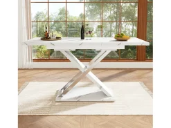 Mesa de jantar extensível para 4 a 6 pessoas - 118/157 x 70 x 75 cm - Tampo com efeito mármore - MDF e metal - Branco