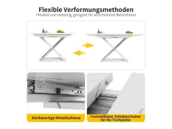 Mesa de jantar extensível para 4 a 6 pessoas - 118/157 x 70 x 75 cm - Tampo com efeito mármore - MDF e metal - Branco