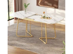 Mesa de jantar extensível para 4 a 6 talheres - C 140/180 x L 80 x A 75 cm - Madeira MDF e metal - Padrão mármore - Branco