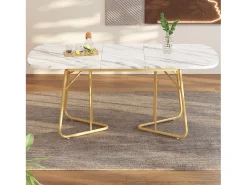 Mesa de jantar extensível para 4 a 6 talheres - C 140/180 x L 80 x A 75 cm - Madeira MDF e metal - Padrão mármore - Branco