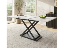 Mesa de jantar extensível para 4 a 6 pessoas - 120/160 x 80 x 75 cm - MDF e pés de metal - Tampo com efeito mármore - Cor branca