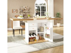 Mesa de jantar extensível 110-140×80cm - 4-6 pessoas - com 1 porta e 2 gavetas - com adega de vinho e prateleira para temperos - Branco