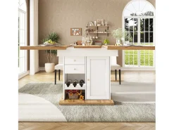 Mesa de jantar extensível 110-140×80cm - 4-6 pessoas - com 1 porta e 2 gavetas - com adega de vinho e prateleira para temperos - Branco