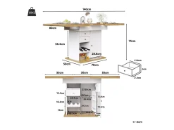 Mesa de jantar extensível 110-140×80cm - 4-6 pessoas - com 1 porta e 2 gavetas - com adega de vinho e prateleira para temperos - Branco