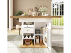 Mesa de jantar extensível 110-140×80cm - 4-6 pessoas - com 1 porta e 2 gavetas - com adega de vinho e prateleira para temperos - Branco