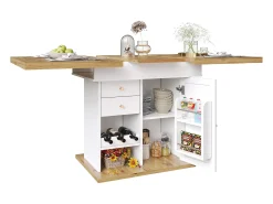 Mesa de jantar extensível 110-140×80cm - 4-6 pessoas - com 1 porta e 2 gavetas - com adega de vinho e prateleira para temperos - Branco
