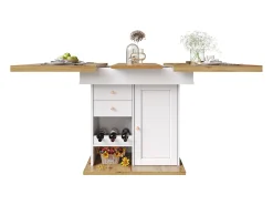 Mesa de jantar extensível 110-140×80cm - 4-6 pessoas - com 1 porta e 2 gavetas - com adega de vinho e prateleira para temperos - Branco