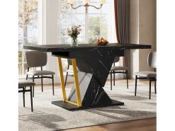 Mesa de jantar extensível 110/140x80x76 cm - Para 6 pessoas - MDF + metal - Estampa de mármore - Preto